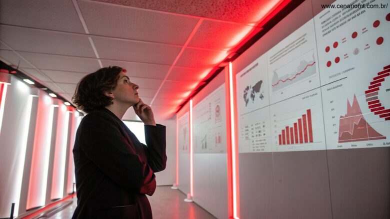Pessoa pensativa analisando gráficos matemáticos com iluminação em vermelho e branco.