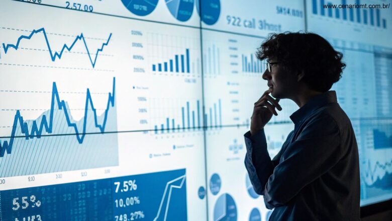 Pessoa pensativa analisando gráficos matemáticos em uma tela digital com tons de azul e branco.