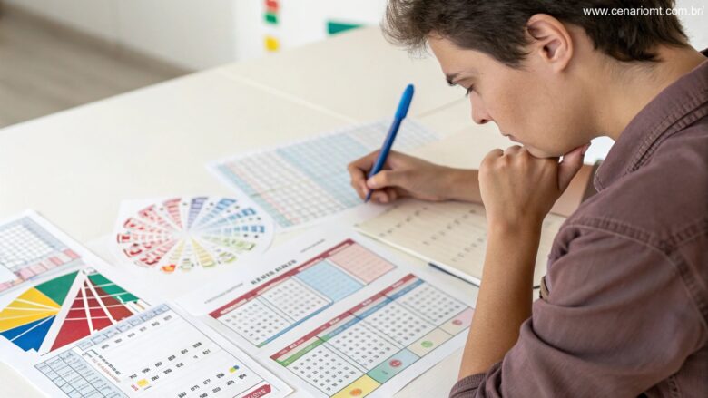 Pessoa pensativa analisando gráficos matemáticos relacionados à loteria Super Sete.