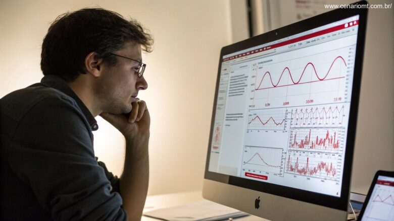 Pessoa pensativa analisando gráficos matemáticos com tons de vermelho e branco, representando a Dupla Sena.