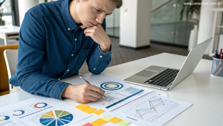 Pessoa pensativa analisando gráficos matemáticos, com cores inspiradas na loteria Maior Milionária.