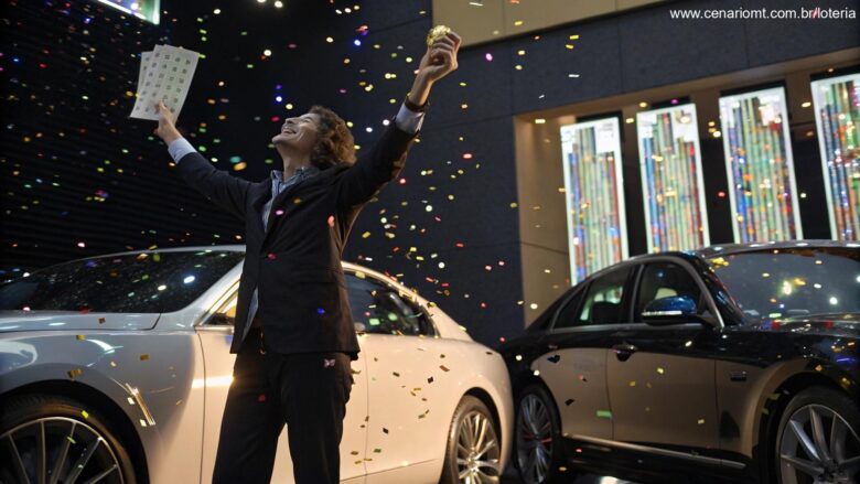 Pessoa feliz comemorando com gráficos e um carro de luxo ao fundo representando a Mega Sena
