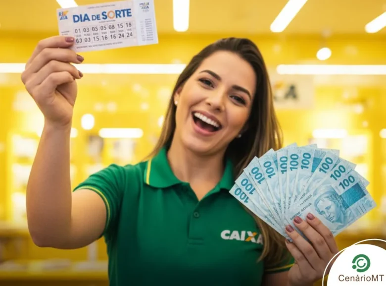 Mulher segurando bilhetes da Timemania em uma mão e dinheiro em outra