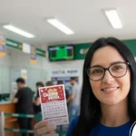 Mulher segurando bilhete da Dupla Sena