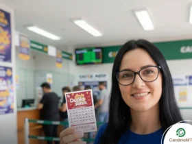 Mulher segurando bilhete da Dupla Sena