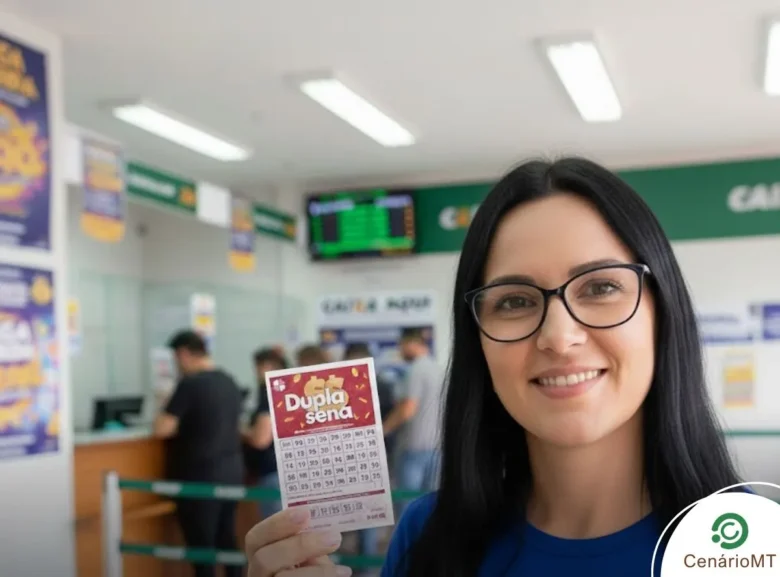 Mulher segurando bilhete da Dupla Sena