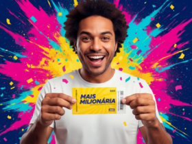Homem negro em fundo artístico segurando bilhete simbólico da loteria Mais Milionária