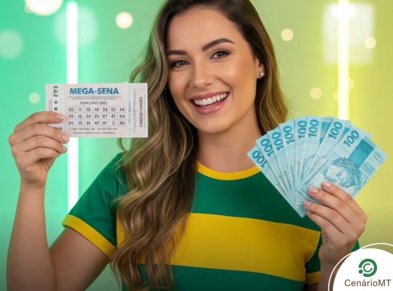 Mulher segurando bilhete da mega-sena na mão direita e notas de cem reais na mão esquerda com fundo neon verde e amarelo
