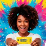 Mulher negra segurando bilhete da loteria federal com fundo colorido