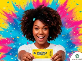 Mulher negra segurando bilhete da loteria federal com fundo colorido