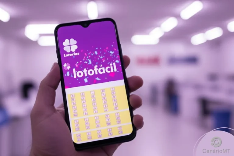 Celular com jogo da lotofácil na tela