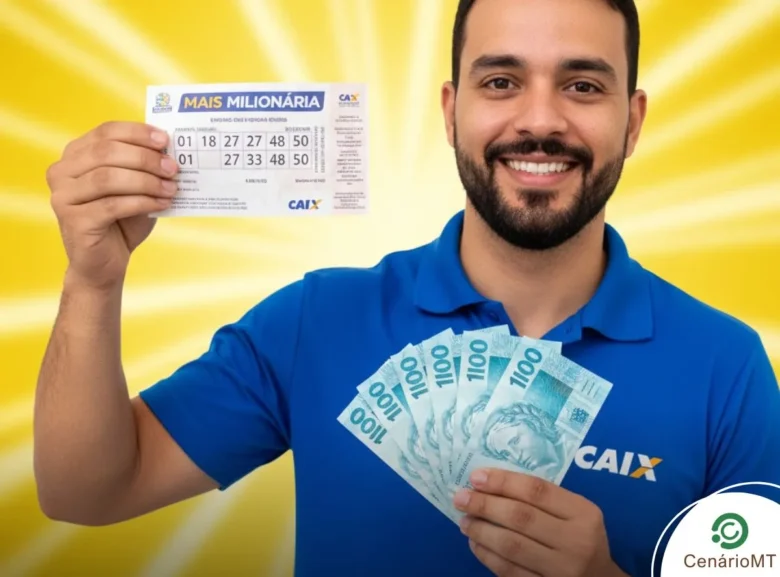 Homem sorridente segurando um bilhete da +Milionária na mão direita e dinheiro na mão esquerda