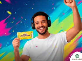 Homem sorridente segurando volante simbólico da mais milionária