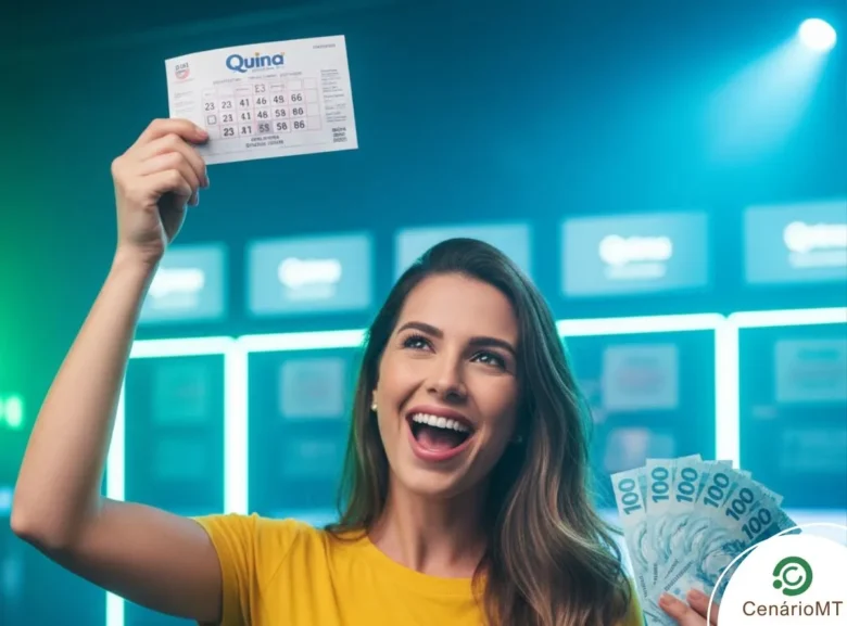 Mulher feliz segurando bilhete da quina e dinheiro na outra mão
