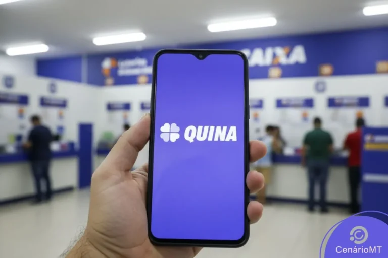 Celular com logo da Quina na tela em lotérica da Caixa Econômica Federal
