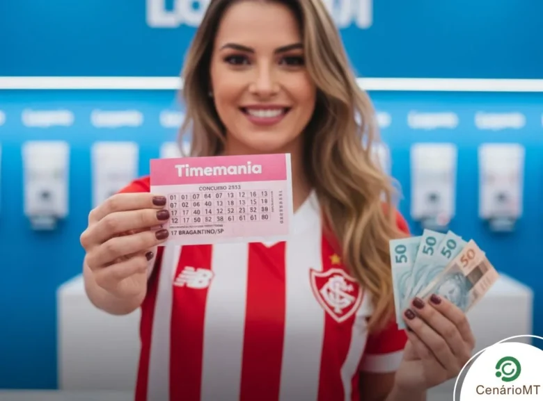 Mulher com camisa de time segurando bilhete da timemania