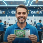 Homem segurando bilhete da timemania em lotérica da Caixa
