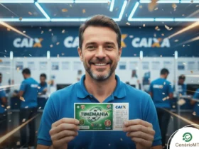 Homem segurando bilhete da timemania em lotérica da Caixa