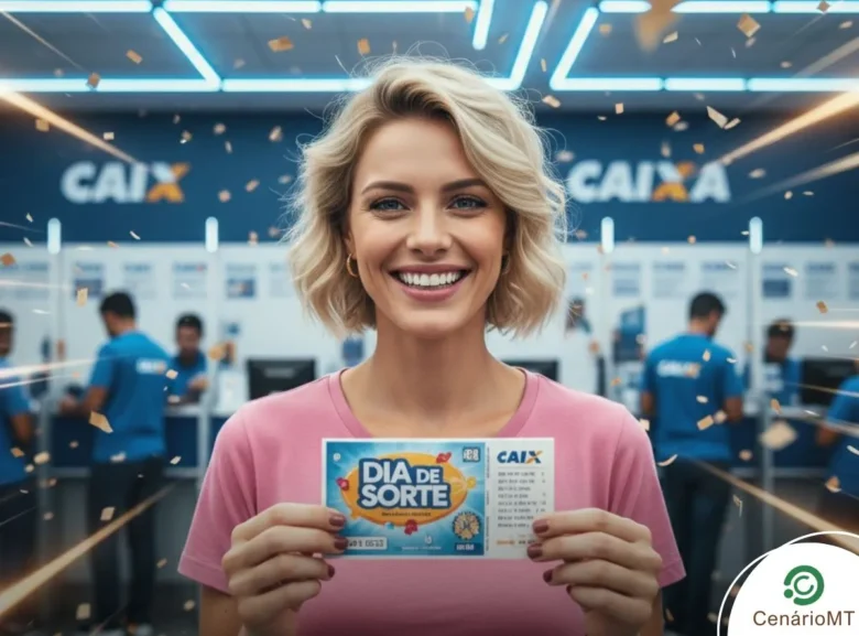 Mulher sorrindo segurando bilhete da Dia de Sorte
