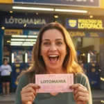 Foto de mulher feliz segurando bilhete da Lotomania em ambiente festivo em frente à lotérica