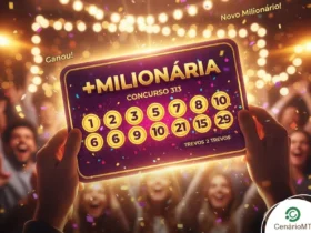 bilhete da +Milionária ou estúdio de sorteios da Caixa (imagem editorial).