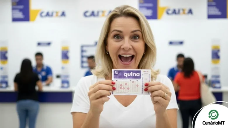 Mulher segurando bilhete simbólico da Quina