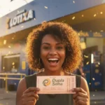 Mulher feliz segurando bilhete de loteria em frente à lotérica