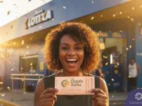 Mulher feliz segurando bilhete de loteria em frente à lotérica