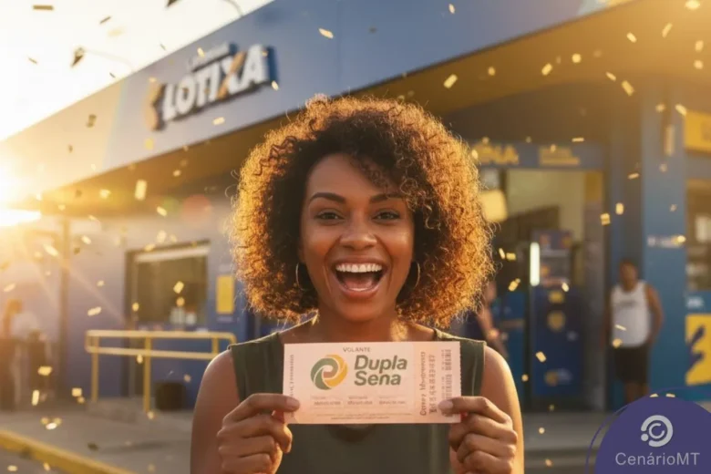 Mulher feliz segurando bilhete de loteria em frente à lotérica