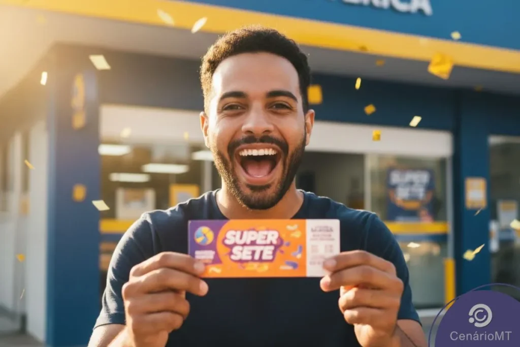Homem sorrindo segurando volante da Super Sete em frente à lotérica