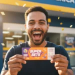 Homem sorrindo segurando volante da Super Sete em frente à lotérica