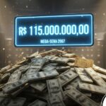Uma grande pilha de maços de dinheiro (dólares) sob luzes de holofote. Acima da montanha de dinheiro, um painel neon azul brilhante exibe o prêmio de "R$ 115.000.000,00" e o texto "MEGA-SENA 2967