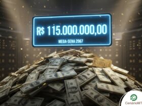 Uma grande pilha de maços de dinheiro (dólares) sob luzes de holofote. Acima da montanha de dinheiro, um painel neon azul brilhante exibe o prêmio de "R$ 115.000.000,00" e o texto "MEGA-SENA 2967