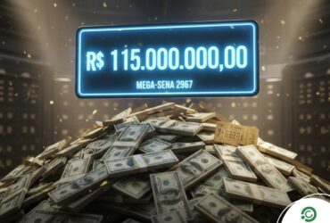 Resultado da Mega-Sena 2967; Sorteio de quase R$ 115 milhões hoje; Confira as dezenas sorteadas! 36 Uma grande pilha de maços de dinheiro (dólares) sob luzes de holofote. Acima da montanha de dinheiro, um painel neon azul brilhante exibe o prêmio de "R$ 115.000.000,00" e o texto "MEGA-SENA 2967