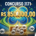 Imagem com fundo azul e verde destacando um trevo de quatro folhas estilizado ao centro. No topo, o texto "CONCURSO 1171" e abaixo o prêmio "R$ 850.000,00" em letras douradas. Na base, diversas bolas de sorteio numeradas e o logotipo da loteria Dia de Sorte