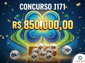 Imagem com fundo azul e verde destacando um trevo de quatro folhas estilizado ao centro. No topo, o texto "CONCURSO 1171" e abaixo o prêmio "R$ 850.000,00" em letras douradas. Na base, diversas bolas de sorteio numeradas e o logotipo da loteria Dia de Sorte