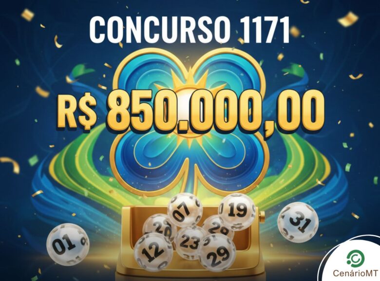 Imagem com fundo azul e verde destacando um trevo de quatro folhas estilizado ao centro. No topo, o texto "CONCURSO 1171" e abaixo o prêmio "R$ 850.000,00" em letras douradas. Na base, diversas bolas de sorteio numeradas e o logotipo da loteria Dia de Sorte