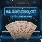 Cinco bilhetes da Loteria Federal espalhados em leque no centro da imagem. Ao fundo, um painel neon azul exibe "R$ 500.000,00" e "LOTERIA FEDERAL 6038" sob uma chuva de confetes dourados em um ambiente escuro