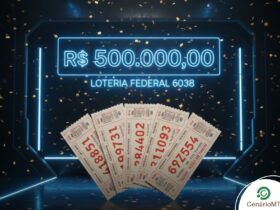 Cinco bilhetes da Loteria Federal espalhados em leque no centro da imagem. Ao fundo, um painel neon azul exibe "R$ 500.000,00" e "LOTERIA FEDERAL 6038" sob uma chuva de confetes dourados em um ambiente escuro