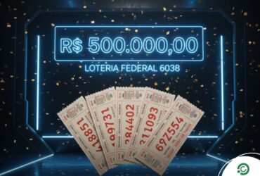 Resultado da Loteria Federal 6038-0; R$ 500 mil sorteados hoje; Confira os números! 18 Cinco bilhetes da Loteria Federal espalhados em leque no centro da imagem. Ao fundo, um painel neon azul exibe "R$ 500.000,00" e "LOTERIA FEDERAL 6038" sob uma chuva de confetes dourados em um ambiente escuro