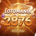 Banner promocional da Lotomania, concurso 2876, com fundo vibrante em tons de laranja e dourado, bolas de sorteio numeradas flutuando e o texto 'Participe Agora' com a marca CenárioMT