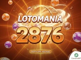 Banner promocional da Lotomania, concurso 2876, com fundo vibrante em tons de laranja e dourado, bolas de sorteio numeradas flutuando e o texto 'Participe Agora' com a marca CenárioMT