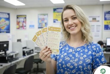 Dia de Sorte 1193: confira dicas e palpites para tentar ganhar os R$ 400 mil 3 Mulher loira segurando bilhetes da loteria Dia de Sorte em uma lotérica da Caixa