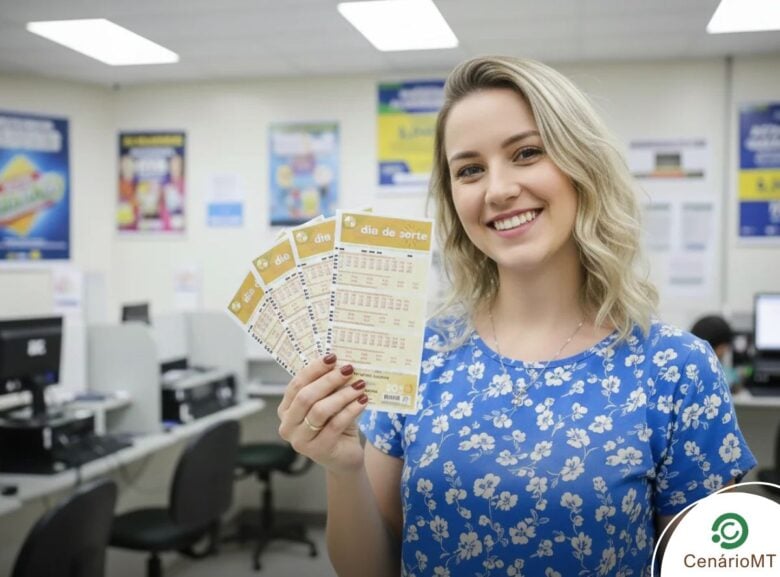 Dia de Sorte 1193: confira dicas e palpites para tentar ganhar os R$ 400 mil 1 Mulher loira segurando bilhetes da loteria Dia de Sorte em uma lotérica da Caixa