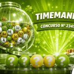 Arte gráfica para a Timemania, concurso 2345, utilizando as cores da bandeira do Brasil: verde e amarelo. Apresenta o globo de sorteio, bolas numeradas e cinco bolas brancas com interrogações à frente em um ambiente festivo e iluminado.