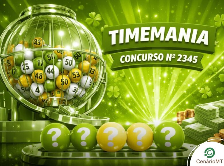 Arte gráfica para a Timemania, concurso 2345, utilizando as cores da bandeira do Brasil: verde e amarelo. Apresenta o globo de sorteio, bolas numeradas e cinco bolas brancas com interrogações à frente em um ambiente festivo e iluminado.