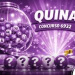 Ilustração digital da loteria Quina, concurso 6932, com temática em tons de violeta e roxo. Inclui um globo de sorteio prateado, cinco bolas com interrogações em destaque e pilhas de dinheiro ao fundo sob luzes brilhantes.