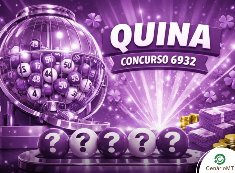 Ilustração digital da loteria Quina, concurso 6932, com temática em tons de violeta e roxo. Inclui um globo de sorteio prateado, cinco bolas com interrogações em destaque e pilhas de dinheiro ao fundo sob luzes brilhantes.