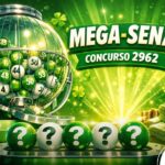 Banner da Mega-Sena com o tradicional padrão de cores verde e branco. A imagem mostra o globo metálico de sorteio, luzes brilhantes, trevos da sorte flutuando e as seis bolas brancas com pontos de interrogação em destaque sobre uma base prateada.