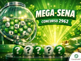 Banner da Mega-Sena com o tradicional padrão de cores verde e branco. A imagem mostra o globo metálico de sorteio, luzes brilhantes, trevos da sorte flutuando e as seis bolas brancas com pontos de interrogação em destaque sobre uma base prateada.